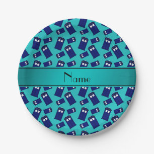 Personalized name turquoise police box paper plates