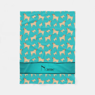 Personalized name turquoise Pug dogs Fleece Blanket