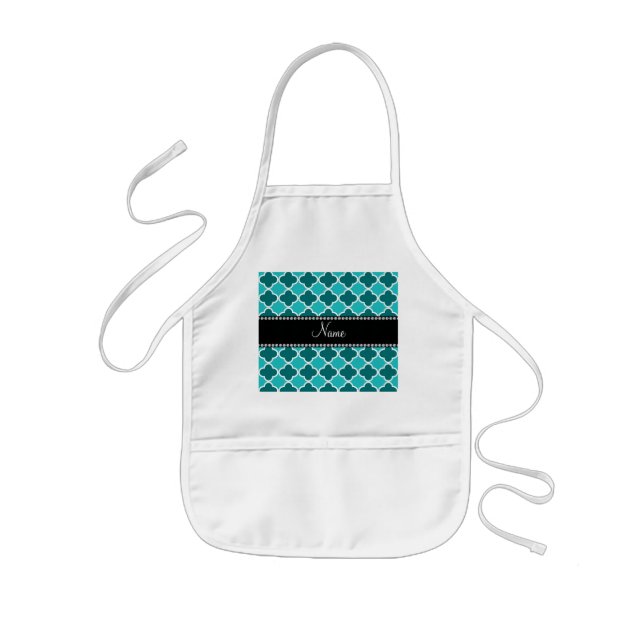 Personalized name turquoise quatrefoil pattern kids' apron (Front)