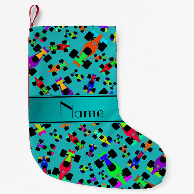 Personalized name turquoise race car pattern small christmas stocking (Front)
