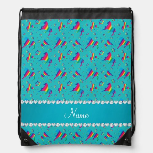 Personalized name turquoise rainbow horses stars drawstring bag
