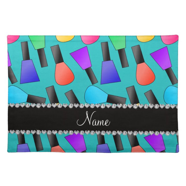 Personalized name turquoise rainbow nail polish placemat (Front)