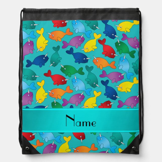 Personalized name turquoise rainbow narwhals drawstring bag (Front)