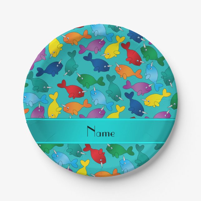 Personalized name turquoise rainbow narwhals paper plates (Front)