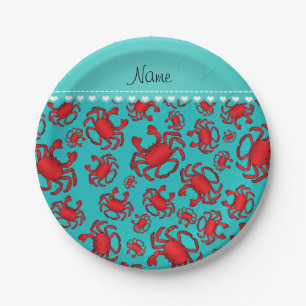 Personalized name turquoise red crab pattern paper plates