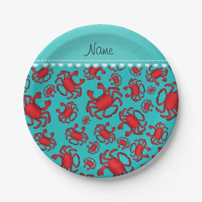 Personalized name turquoise red crab pattern paper plates (Front)