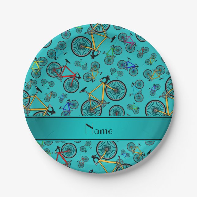 Personalized name turquoise road bikes paper plates (Front)
