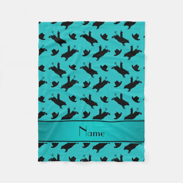 Personalized name turquoise rodeo bull riding fleece blanket (Front)