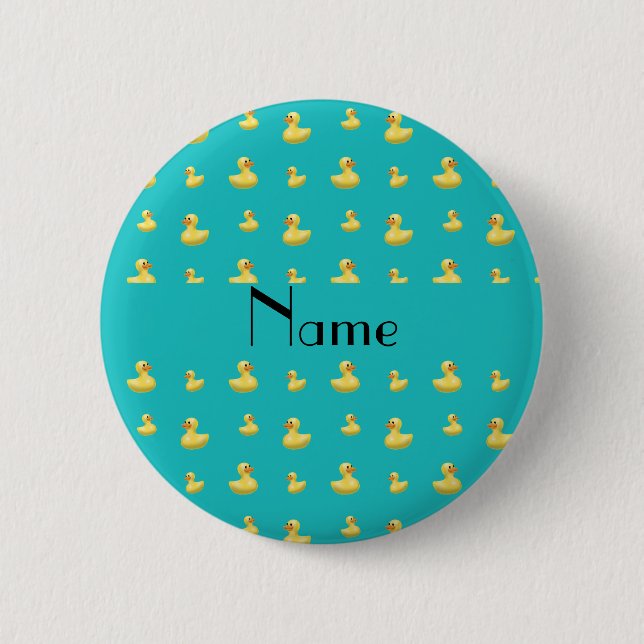 Personalized name turquoise rubber duck pattern pinback button (Front)