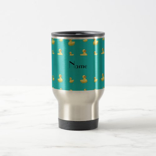 Personalized name turquoise rubber duck pattern travel mug