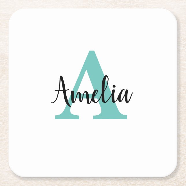Personalized Name Turquoise Script Monogram Square Paper Coaster (Front)