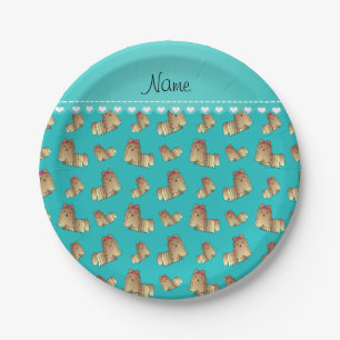 Personalized name turquoise shih tzu dogs paper plates