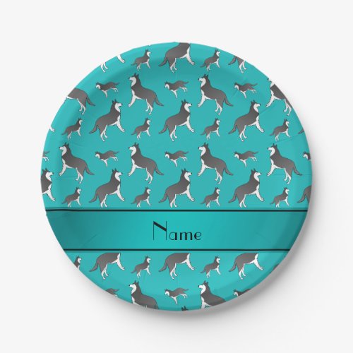 Personalized name turquoise siberian husky dogs paper plates