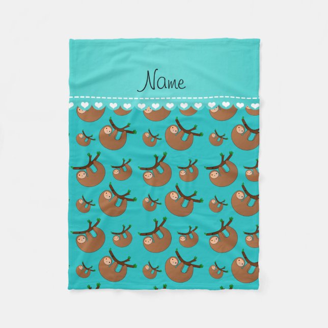 Personalized name turquoise sloth pattern fleece blanket (Front)