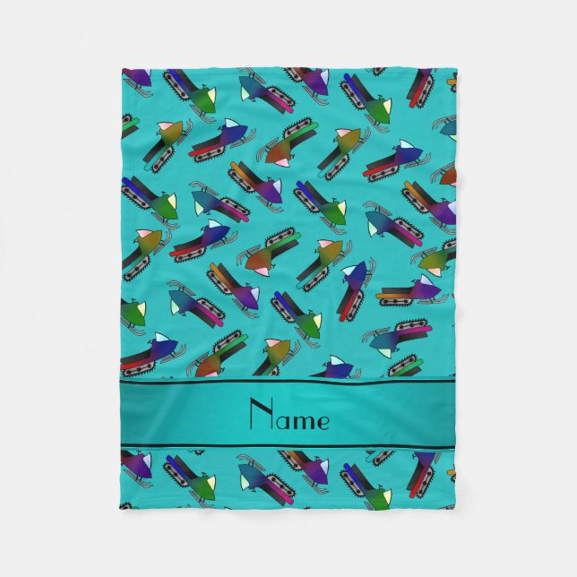 Personalized name turquoise snowmobiles fleece blanket (Front)