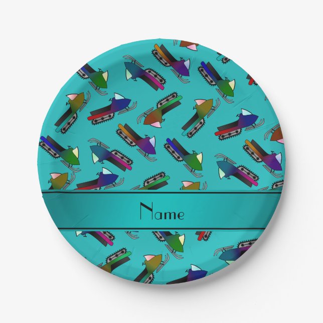 Personalized name turquoise snowmobiles paper plates (Front)