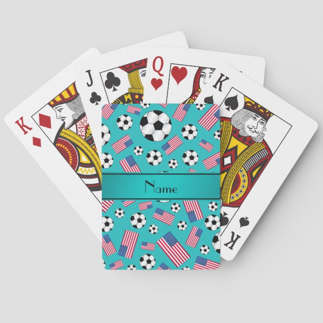 Personalized name turquoise soccer american flag poker cards (Back)