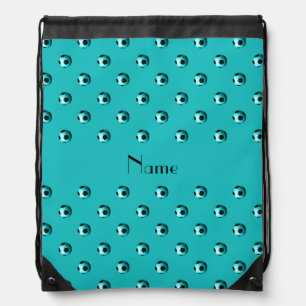 Personalized name turquoise soccer balls drawstring bag