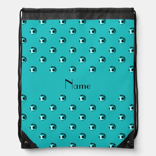 Personalized name turquoise soccer balls drawstring bag (Front)