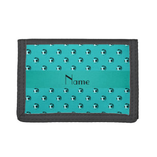 Personalized name turquoise soccer balls tri-fold wallet