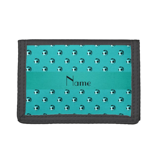 Personalized name turquoise soccer balls tri-fold wallet (Front)