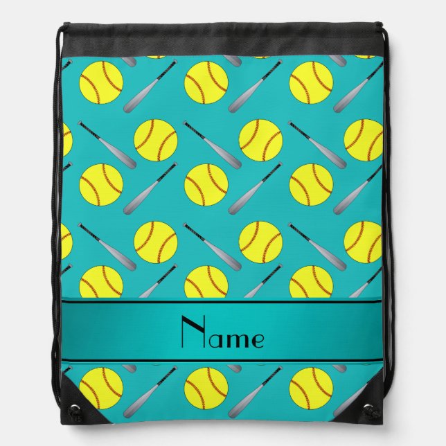 Personalized name turquoise softball pattern drawstring bag (Front)