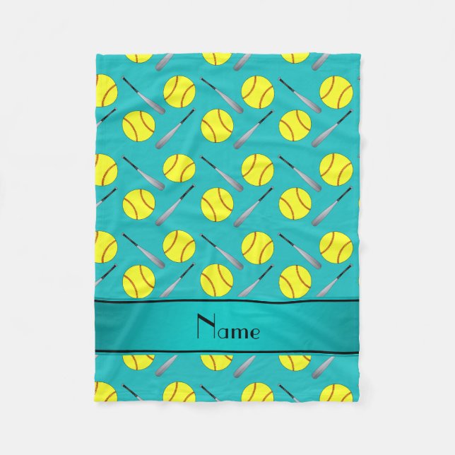 Personalized name turquoise softball pattern fleece blanket (Front)