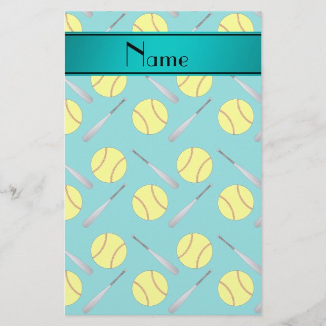 Personalized name turquoise softball pattern stationery (Front)