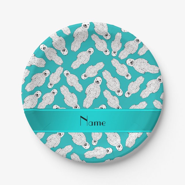 Personalized name turquoise spotted seal paper plates (Front)