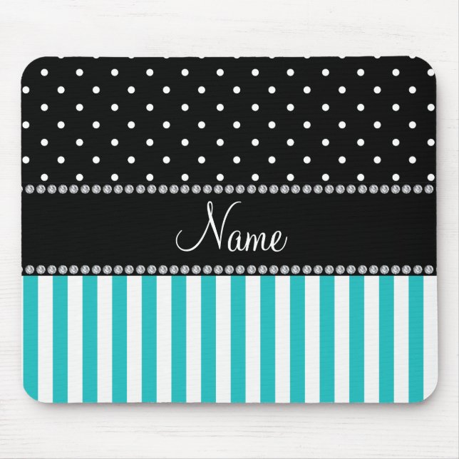 Personalized name turquoise stripes black dots mouse pad (Front)
