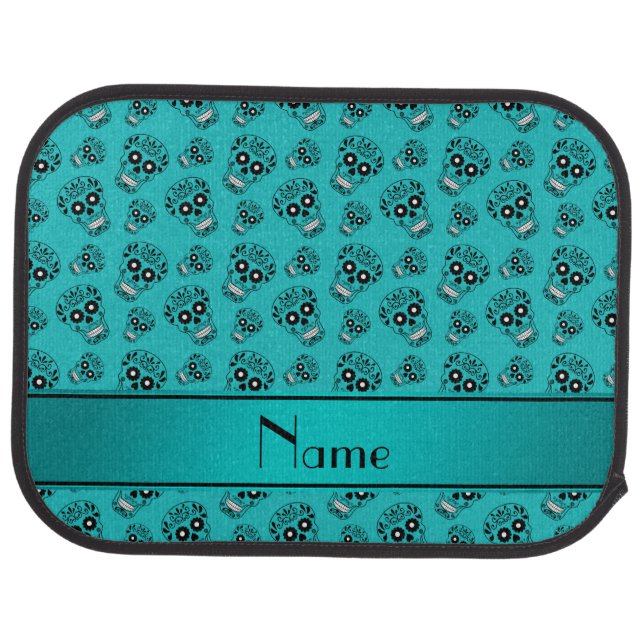 Personalized name turquoise sugar skulls car floor mat (Rear)