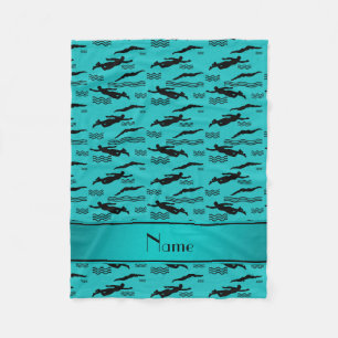 Personalized name turquoise swimming pattern fleece blanket