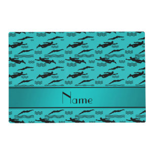 Personalized name turquoise swimming pattern placemat