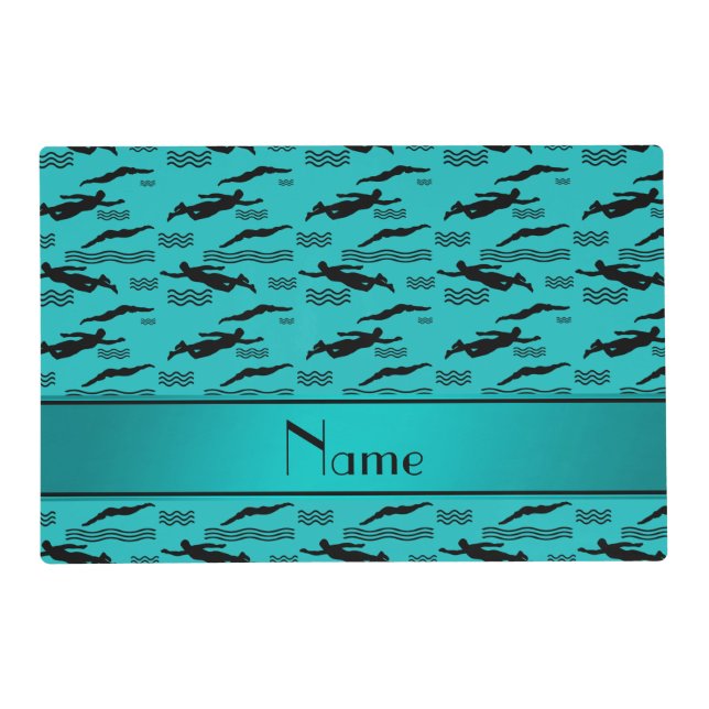 Personalized name turquoise swimming pattern placemat (Front)