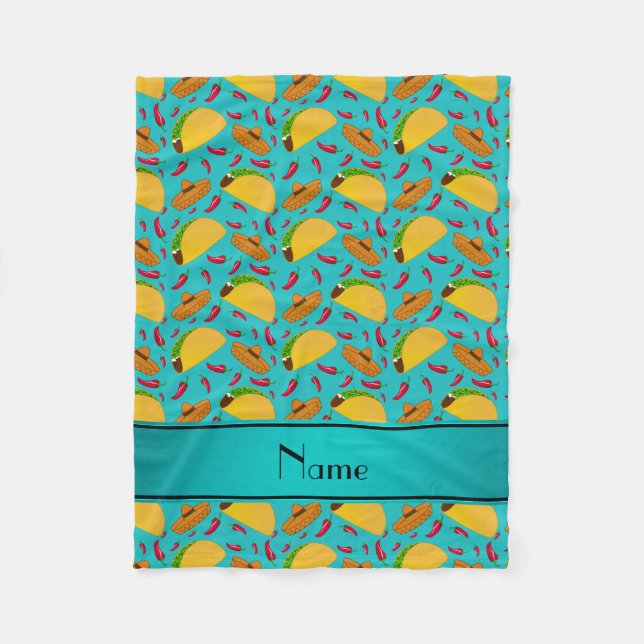 Personalized name turquoise tacos sombreros chilis fleece blanket (Front)