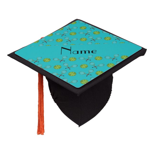 Personalized name turquoise tennis balls graduation cap topper (Angled)