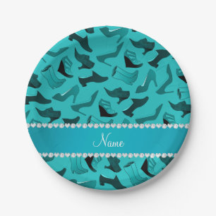 Personalized name turquoise women's shoes pattern paper plates