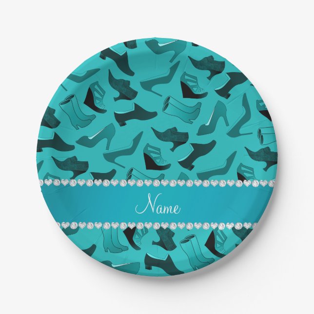 Personalized name turquoise women's shoes pattern paper plates (Front)