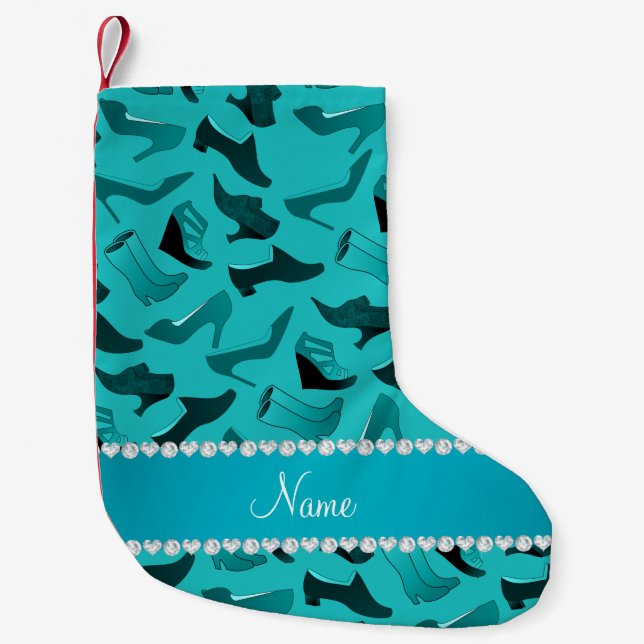 Personalized name turquoise women's shoes pattern small christmas stocking (Front)