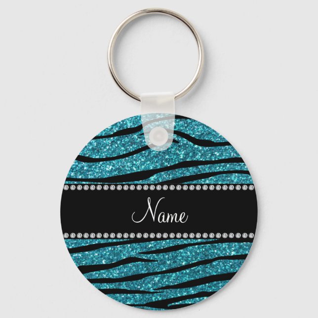 Personalized name turquoise zebra stripes keychain (Front)