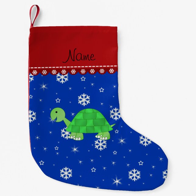 Personalized name turtle blue snowflakes small christmas stocking (Front)