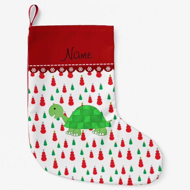 Personalized name turtle green red snowmen small christmas stocking (Front)