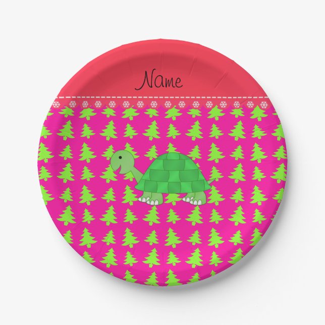 Personalized name turtle pink green christmas tree paper plates (Front)