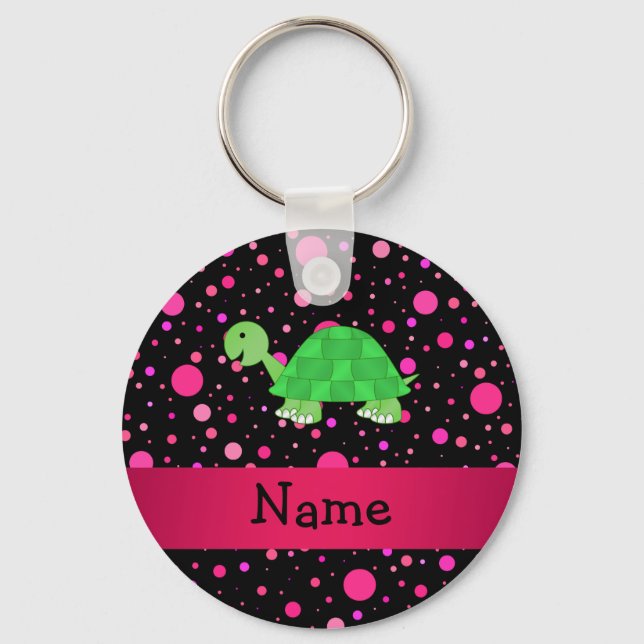 Personalized name turtle pink polka dots keychain (Front)