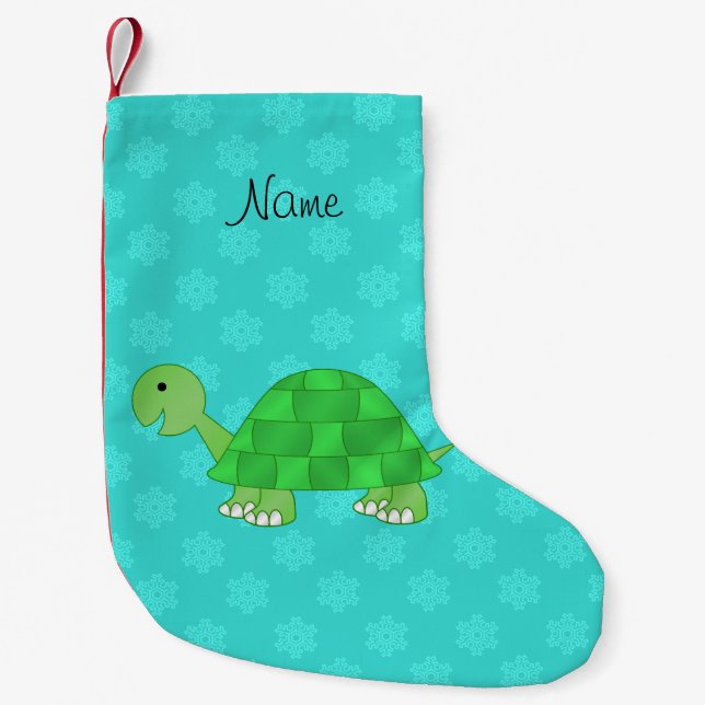 Personalized name turtle turquoise snowflakes small christmas stocking (Front)