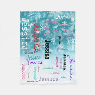 Personalized Name Typography Aqua Blue Snowflakes Fleece Blanket