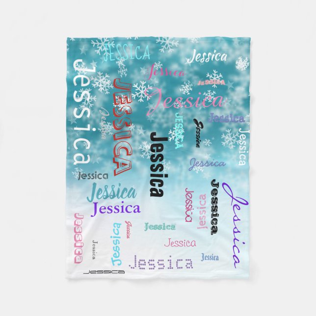 Personalized Name Typography Aqua Blue Snowflakes Fleece Blanket (Front)