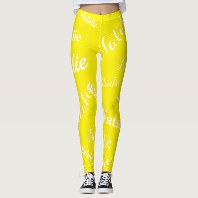 Personalized Name Typography Font Bright Yellow Leggings (Front)