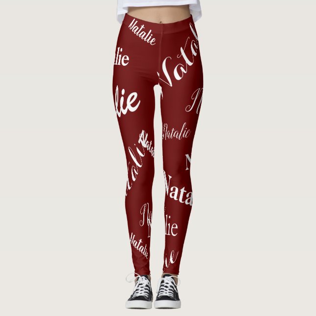 Personalized Name Typography Font Burgundy Red Leggings (Front)