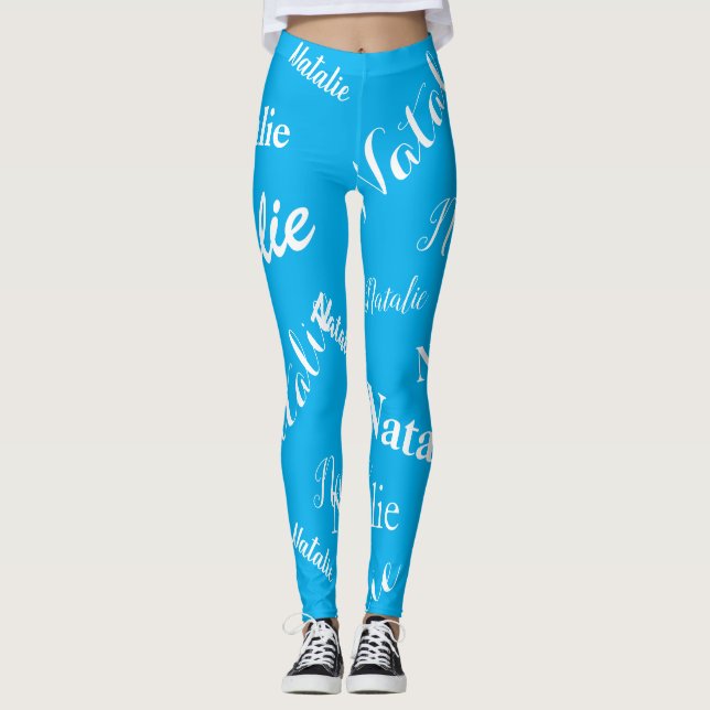 Personalized Name Typography Font Sky Blue Leggings (Front)